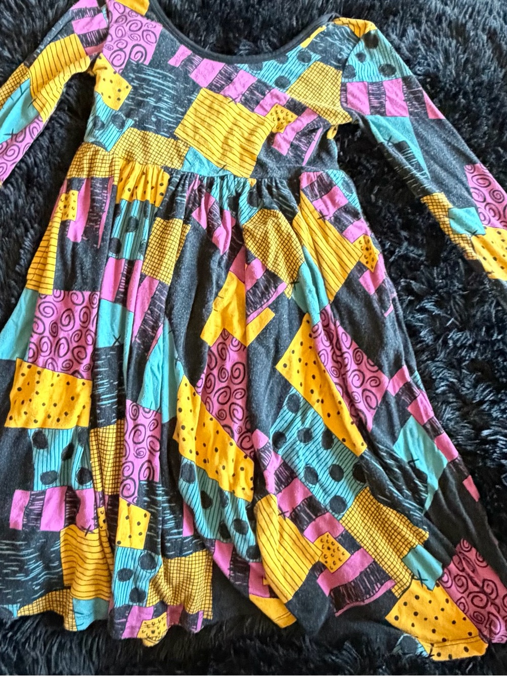 Little Sleepies Patchwork Print Long Sleeve Dress in Yellow, Teal, Pink, Black